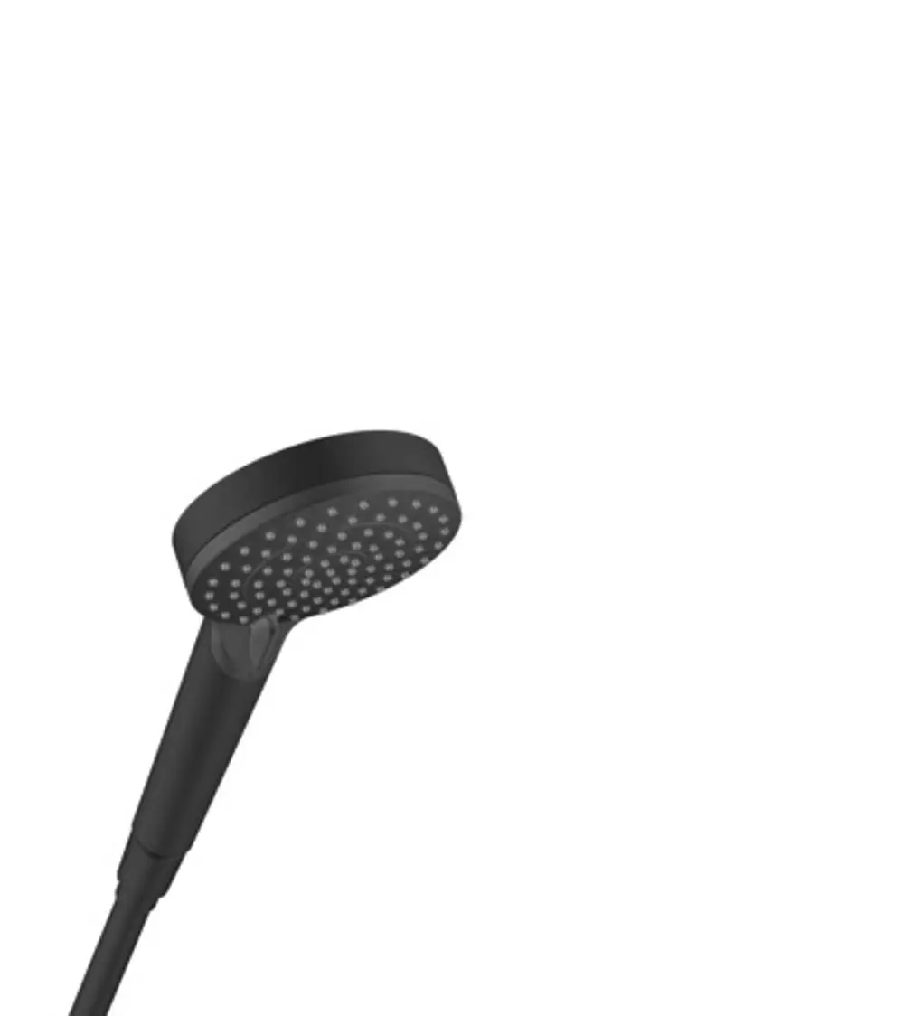 Schwarze Handbrause mit runder Kopfauflage und gleichmäßig angeordneten Düsenauslässen. Produkt von Hansgrohe, geeignet für die Montage an der Dusche.
